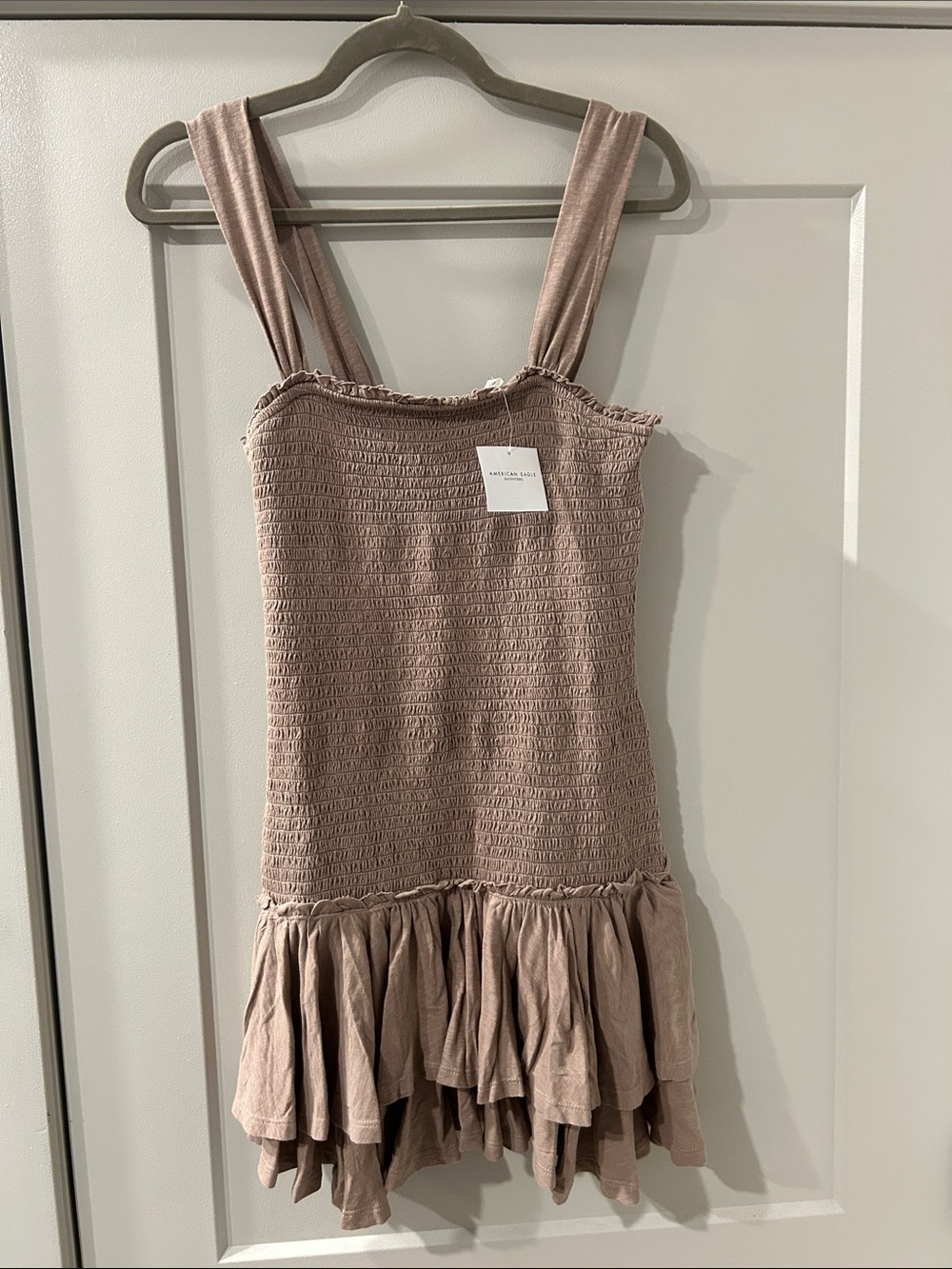 American Eagle Outfitters Tan Smocked Midi Dress with Ruffle Hem 🔥🔥
